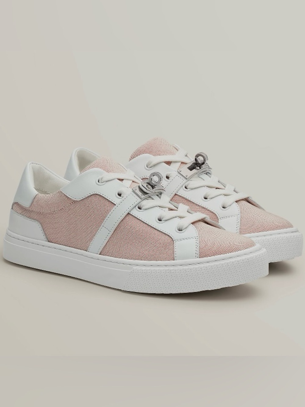 Hermes Women Day Sneakers Leather Canvas Pink coral blush silver White 36.5